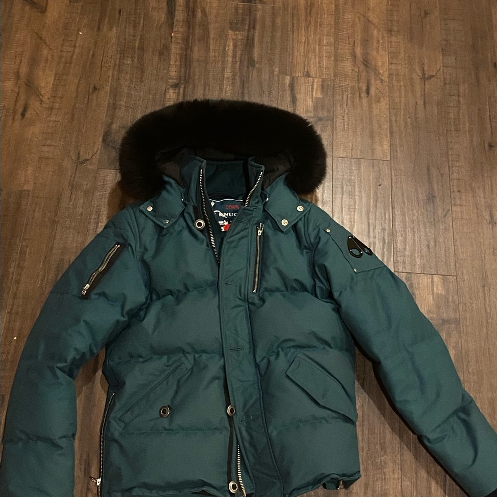 Moose Knuckles Dark Green Puffer Jacket with Black Fur Hood